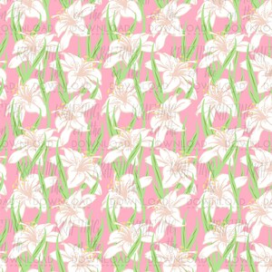 May include: A seamless pattern featuring white lilies with green leaves on a pink background. The pattern is repeated throughout the image.