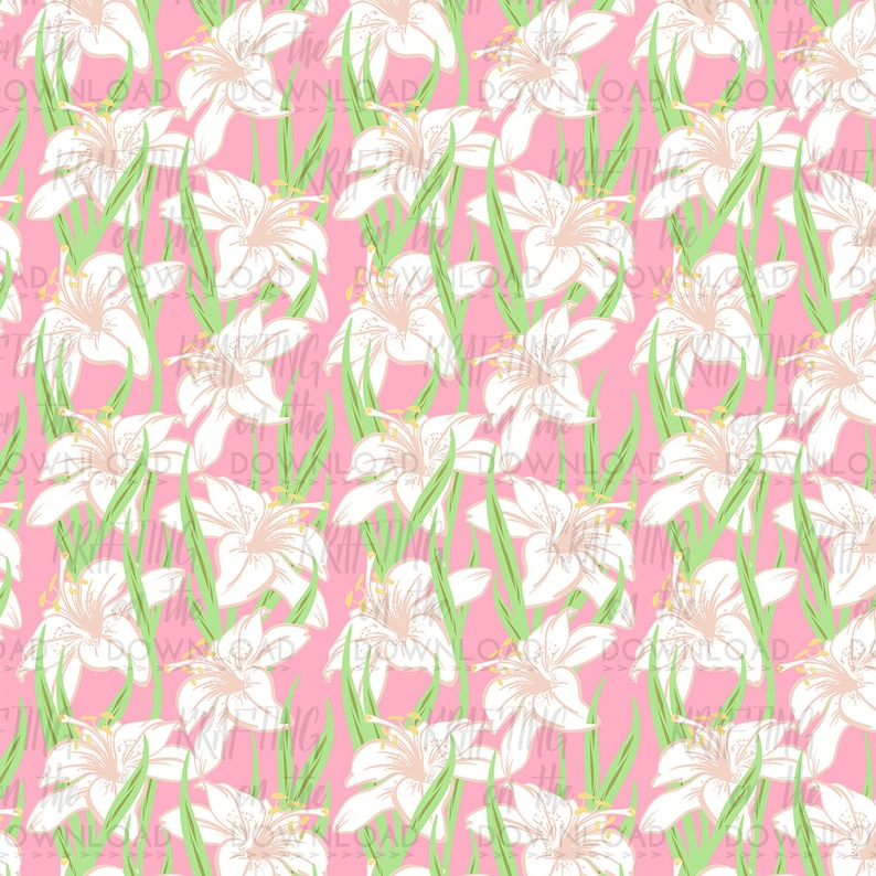 May include: A seamless pattern featuring white lilies with green leaves on a pink background. The pattern is repeated throughout the image.