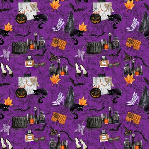 May include: A purple background with a repeating pattern of black cats, witch hats, pumpkins, high heels, and other Halloween-themed items. The pattern also includes black and white striped shopping bags, black purses with studs, and small bottles of perfume.