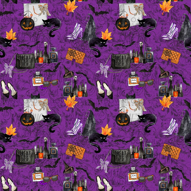 May include: A purple background with a repeating pattern of black cats, witch hats, pumpkins, high heels, and other Halloween-themed items. The pattern also includes black and white striped shopping bags, black purses with studs, and small bottles of perfume.