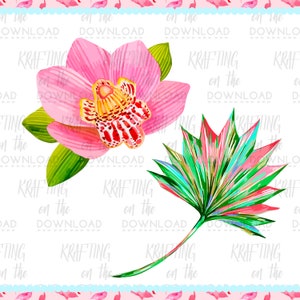 May include: Watercolor illustration of a pink orchid flower and a colorful tropical leaf. The orchid has a yellow and red center, and the leaf features shades of green, pink, and red. The words "KRAFTING on the DOWNLOAD" are repeated across the image.