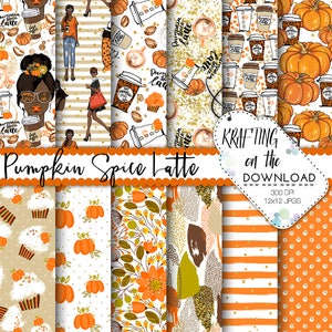 May include: A set of 12 digital papers featuring a pumpkin spice latte theme. The papers include patterns of pumpkins, coffee cups, fall leaves, and stripes. The text "Pumpkin Spice Latte" is featured on the papers. The papers are 300 DPI and 12x12 inches.