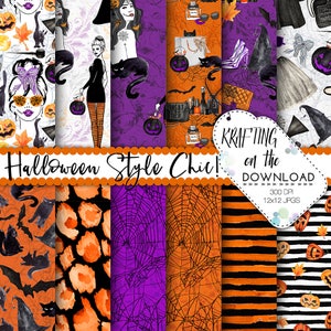 May include: Twelve digital papers featuring a Halloween theme with orange, black, purple, and white colors. The papers include images of pumpkins, bats, spiders, and cats. The text "KRAFTING on the DOWNLOAD 300 DPI 12x12 JPGS" is on a white tag.