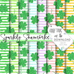 May include: Twelve digital paper designs featuring green glitter shamrocks on a striped background. The stripes are in various colors, including green, blue, pink, purple, and yellow. The text "Sparkly Shamrocks" is in a green banner at the top of the image. The text "KRAFTING on the DOWNLOAD 300 DPI 12x12 JPGS" is in a white tag at the bottom right of the image.