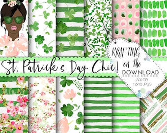 watercolor st patricks day digital paper watercolor st patrick's day paper pack watercolor shamrock papers african american planner girl