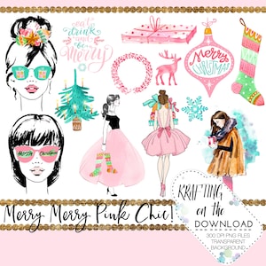 pink christmas watercolor clipart set pink holiday clip art christmas planner girl png file watercolor holiday png christmas fashion png