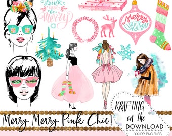 May include: A set of digital illustrations featuring a pink and white Christmas theme. The illustrations include a Christmas tree, a reindeer, a stocking, a wreath, a gift box, a woman in a pink dress, a woman in a black dress, a woman in a brown coat, and a Christmas ornament. The text "Eat, drink and be merry" and "Merry Christmas" are also included in the illustrations.