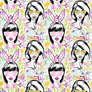 May include: A seamless pattern featuring a repeating design of a woman with pink bunny ears and sunglasses. The background is a watercolor design of flowers and greenery.