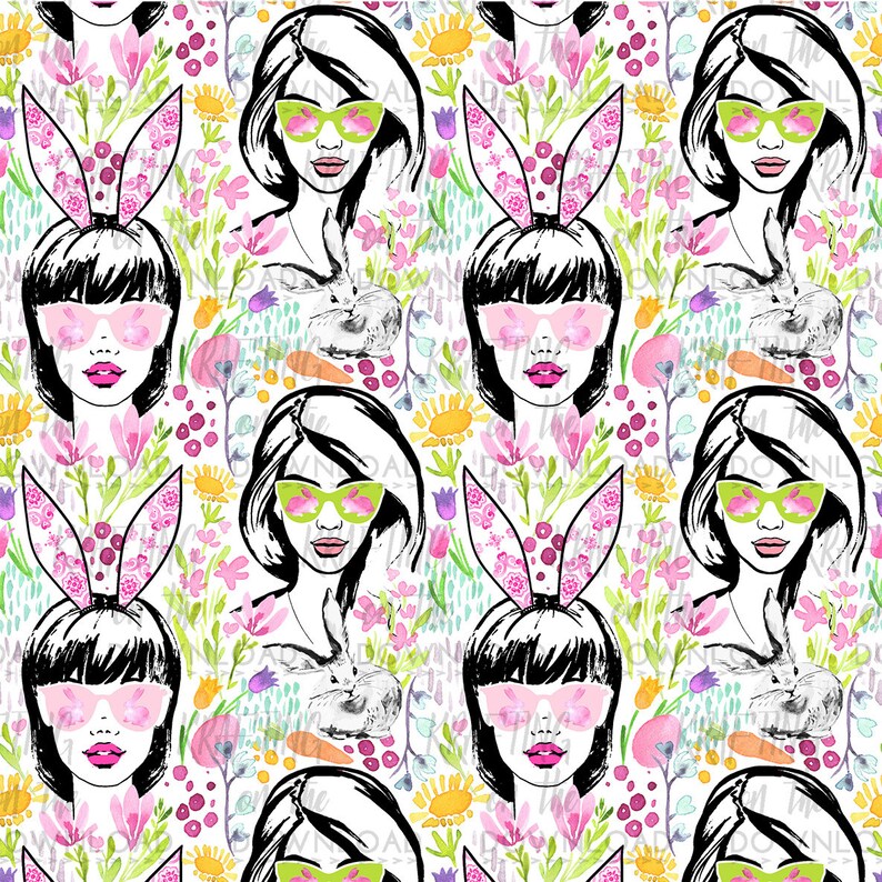 May include: A seamless pattern featuring a repeating design of a woman with pink bunny ears and sunglasses. The background is a watercolor design of flowers and greenery.