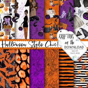 May include: A set of 12 digital papers featuring Halloween-themed patterns in orange, black, and purple. The patterns include pumpkins, bats, spiderwebs, and stripes. The text "KRAFTING on the DOWNLOAD 300 DPI 12x12 JPGS" is visible in the image.