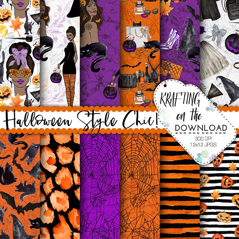 May include: A set of 12 digital papers featuring Halloween-themed patterns in orange, black, and purple. The patterns include pumpkins, bats, spiderwebs, and stripes. The text "KRAFTING on the DOWNLOAD 300 DPI 12x12 JPGS" is visible in the image.