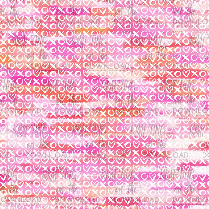 May include: A seamless pattern featuring a pink and orange watercolor background with white hearts, Xs, and Os. The pattern is perfect for Valentine's Day or any romantic occasion.