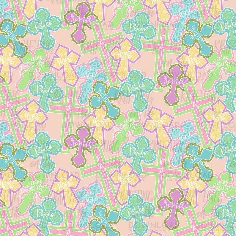 May include: A seamless pattern featuring colorful crosses with the words "Peace", "Hope", "Faith", and "Justice" on a light pink background. The crosses are decorated with glitter and floral patterns.