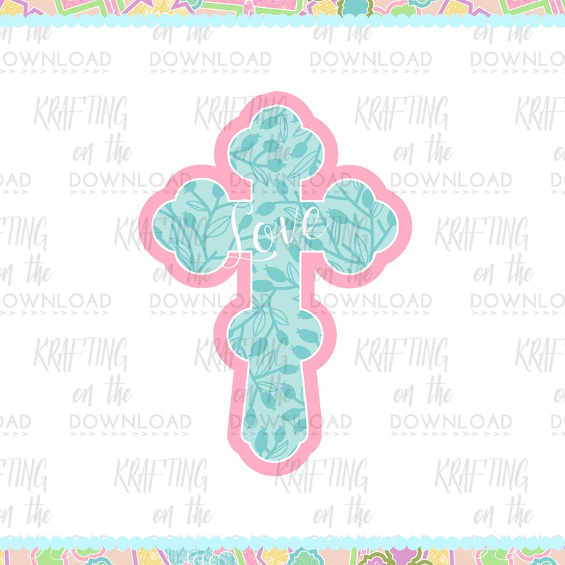 Puede incluir: Una cruz rosa y azul con un patr&oacute;n floral y la palabra "Love" en el centro. La cruz es un dise&ntilde;o de corte.