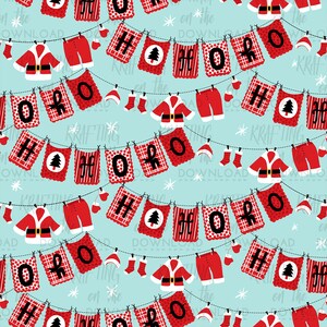 May include: A repeating pattern of red and white Christmas decorations hanging on a blue background. The decorations include Santa Claus, stockings, hats, and banners that say "HO HO HO".