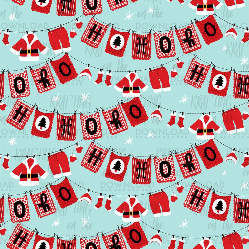 May include: A repeating pattern of red and white Christmas decorations hanging on a blue background. The decorations include Santa Claus, stockings, hats, and banners that say "HO HO HO".