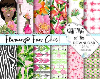 flamingo paper pack watercolor flamingo medium skin tone planner girl paper pack summer paper pack watercolor flamingo digital paper