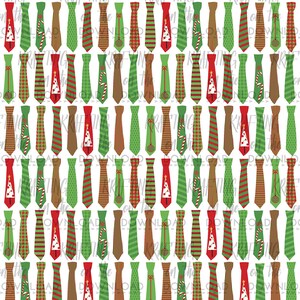 May include: A seamless pattern of green and red ties with various Christmas-themed designs, including candy canes, ornaments, and Christmas trees. The ties are on a white background.