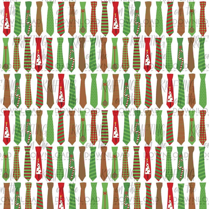 May include: A seamless pattern of green and red ties with various Christmas-themed designs, including candy canes, ornaments, and Christmas trees. The ties are on a white background.