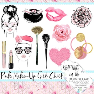 May include: A set of pink and black digital illustrations featuring makeup brushes, a heart-shaped blush, a lipstick, a lip, a rose, a woman with sunglasses, and a powder puff. The text "KRAFTING on the DOWNLOAD >>>>>>>>> 300 DPI PNG FILES TRANSPARENT BACKGROUND" is at the bottom of the image.