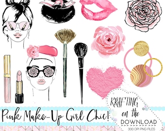 Puede incluir: Un conjunto de ilustraciones digitales rosas y negras con pinceles de maquillaje, un rubor en forma de corazón, un lápiz labial, un labio, una rosa, una mujer con gafas de sol y una borla de polvo. El texto "KRAFTING on the DOWNLOAD >>>>>>>>> 300 DPI PNG FILES TRANSPARENT BACKGROUND" está en la parte inferior de la imagen.