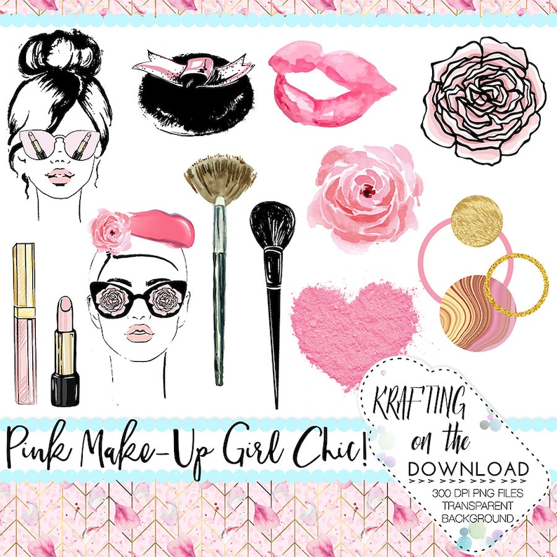 May include: A set of pink and black digital illustrations featuring makeup brushes, a heart-shaped blush, a lipstick, a lip, a rose, a woman with sunglasses, and a powder puff. The text "KRAFTING on the DOWNLOAD >>>>>>>>> 300 DPI PNG FILES TRANSPARENT BACKGROUND" is at the bottom of the image.