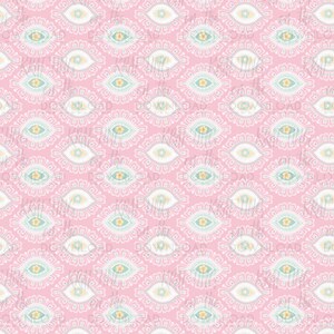 May include: A seamless pattern featuring a repeating design of stylized eyes with white, yellow, blue, and green accents on a pink background.