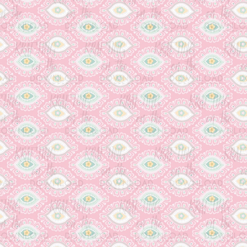 May include: A seamless pattern featuring a repeating design of stylized eyes with white, yellow, blue, and green accents on a pink background.