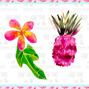 May include: Watercolor illustration of a pink pineapple and a pink and yellow flower with a green leaf. The image has a tropical theme, with the text "KRAFTING on the DOWNLOAD" repeated across the image.