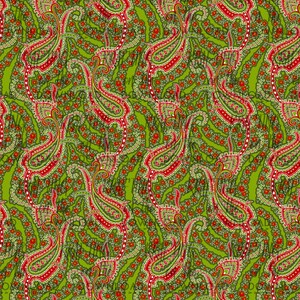 Puede incluir: Un patr&oacute;n sin costuras que presenta formas de paisley en tonos de verde, rojo y blanco. Las formas de paisley est&aacute;n dispuestas en un patr&oacute;n repetitivo, creando un dise&ntilde;o tradicional y elegante.