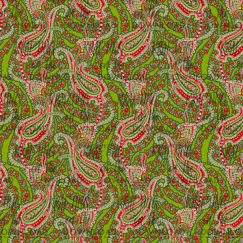 Puede incluir: Un patr&oacute;n sin costuras que presenta formas de paisley en tonos de verde, rojo y blanco. Las formas de paisley est&aacute;n dispuestas en un patr&oacute;n repetitivo, creando un dise&ntilde;o tradicional y elegante.
