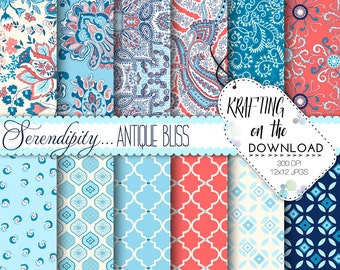Antique Bliss Paisley Digital Paper Pack Shabby Chic Coral Blue Navy Scrapbooking Papers Pale Blue Aqua Floral Preppy Instant Download