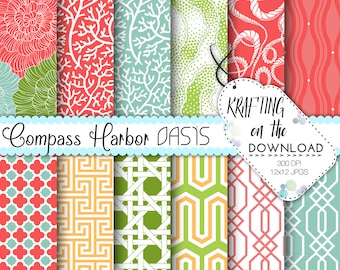 Tropical Resort Digital Paper Pack Summer Scrapbooking Papers Coral and Teal, Green, Yellow, Lattice, Trellis Digital Paper Instant Download