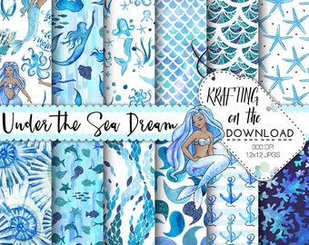 mermaid paper pack watercolor mermaid digital paper mermaid paper glitter mermaid background watercolor mermaid medium skin tone