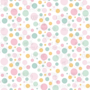 May include: A seamless pattern featuring a white background with a repeating pattern of pink, yellow, and green circles of various sizes.
