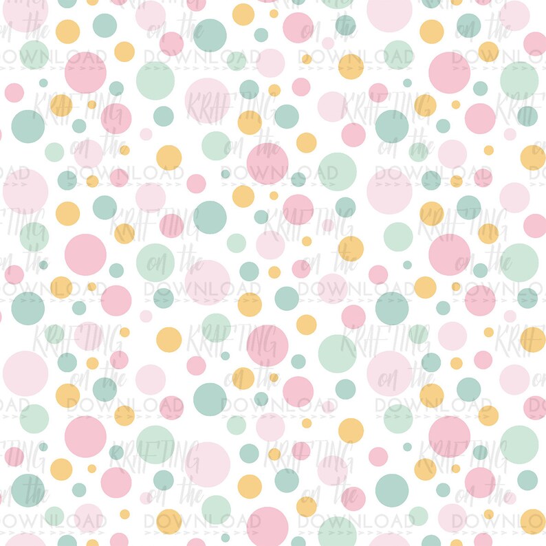 May include: A seamless pattern featuring a white background with a repeating pattern of pink, yellow, and green circles of various sizes.