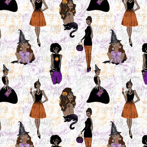 May include: A seamless pattern featuring various illustrations of women in different Halloween costumes. The women are depicted in black, white, orange, and purple. The background is a white and purple floral pattern.