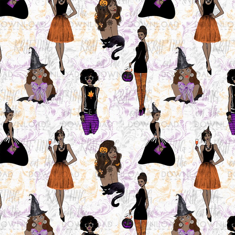 May include: A seamless pattern featuring various illustrations of women in different Halloween costumes. The women are depicted in black, white, orange, and purple. The background is a white and purple floral pattern.