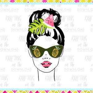 May include: A black and white illustration of a woman with a tropical theme. She has a pineapple in each of her sunglasses, a green tropical leaf in her hair, and a slice of watermelon on top of her head.