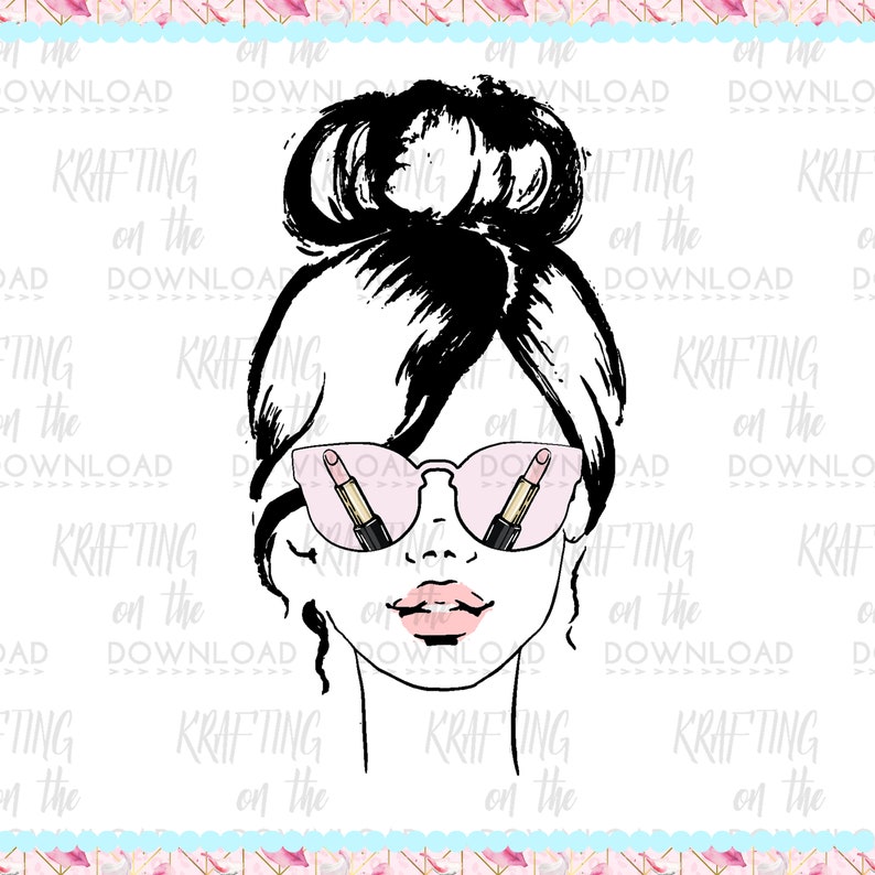 May include: A black and white illustration of a woman with a bun in her hair wearing pink sunglasses with lipstick tubes reflected in the lenses. The woman has a pink lipstick on her lips.