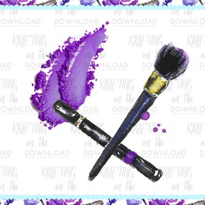 Puede incluir: Ilustraci&oacute;n en acuarela de herramientas de maquillaje y sombra de ojos morada. La imagen presenta un pincel de maquillaje negro con una virola dorada, un delineador de ojos negro y una mancha de sombra de ojos morada sobre un fondo blanco. El texto "KRAFTING on the DOWNLOAD" se repite.