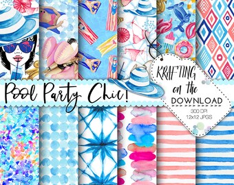 summer planner girl paper pack pool party paper pack watercolor summer fashion papers watercolor summer pool party digital paper pool papers