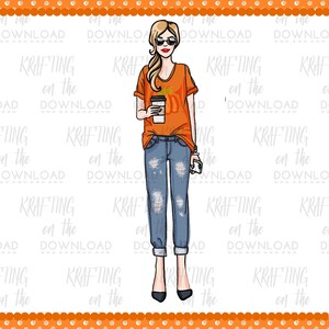 May include: A woman with blonde hair and sunglasses is wearing a bright orange t-shirt with a pumpkin graphic and the text "Pumpkin Spice & Everything Nice". She is also wearing blue jeans with distressed details and black heels. She is holding a cup of coffee in one hand and a phone in the other.