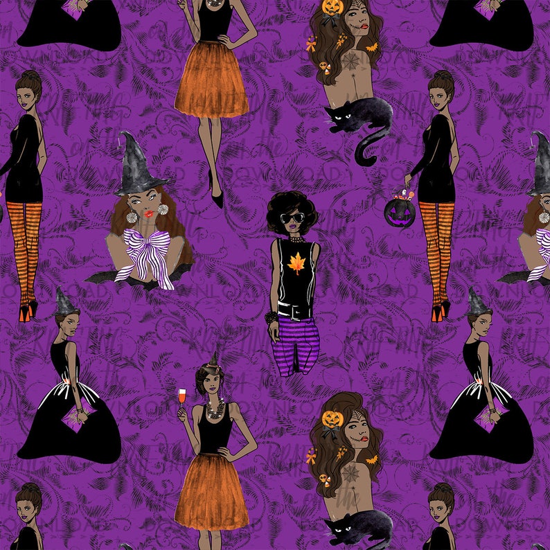 May include: A seamless pattern featuring various Halloween-themed characters. The characters are dressed in costumes and accessories, including witches, a punk rocker, and a woman with a pumpkin on her head. The background is a purple floral pattern.