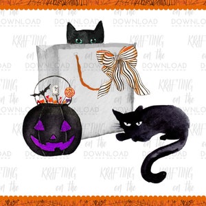 May include: A watercolor illustration of a black cat peeking out of a white gift bag with a black and white striped bow. A black cat with green eyes sits on the ground with its tail curled around its body. A black cauldron with a purple jack-o-lantern face is filled with candy and other Halloween treats.