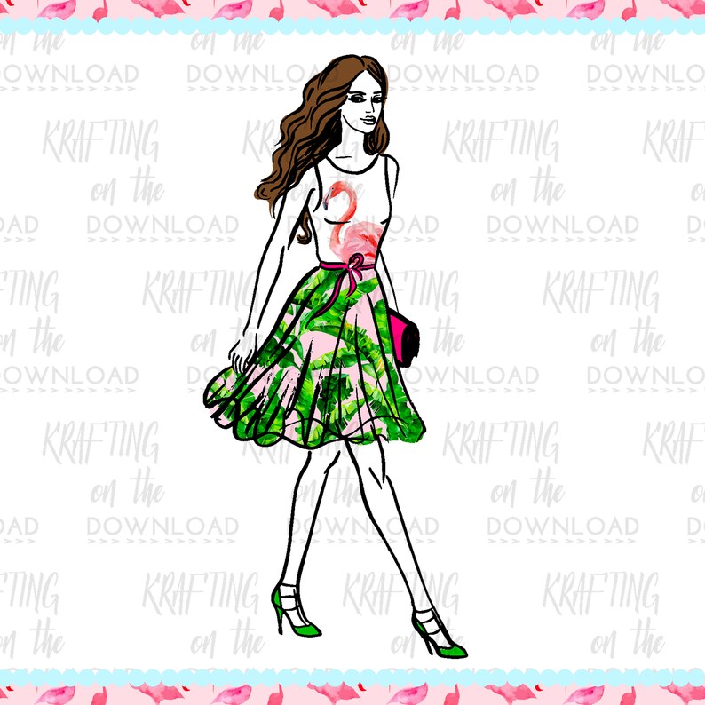 May include: Illustration of a woman in a white top with a flamingo design, a green and pink skirt, and green heels. She carries a pink purse. The text "KRAFTING on the DOWNLOAD" is repeated around the image.