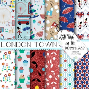 Pacote de papel digital de Londres, viagem, bandeira britânica, Reino Unido, Big Ben, download instantâneo, ônibus de dois andares, scrapbooking, chá, vermelho, azul, artesanato