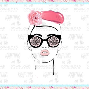 May include: A black and white line drawing of a woman's face with a pink headband and sunglasses. The sunglasses have pink roses inside the lenses. The woman has a pink lipstick and a pink blush on her cheeks.