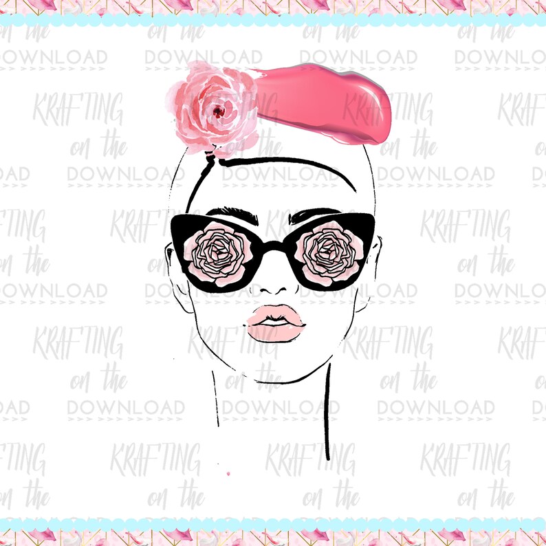 May include: A black and white line drawing of a woman's face with a pink headband and sunglasses. The sunglasses have pink roses inside the lenses. The woman has a pink lipstick and a pink blush on her cheeks.