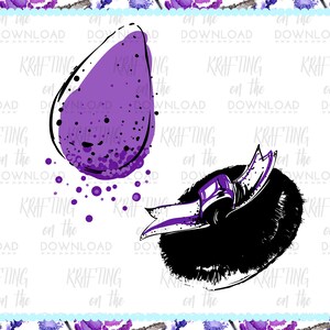 Puede incluir: Arte digital con dos ilustraciones. Una es una forma de huevo morado con contornos negros y detalles moteados. La otra es una forma negra y esponjosa con una cinta y acentos morados. El texto "KRAFTING on the DOWNLOAD" se repite.